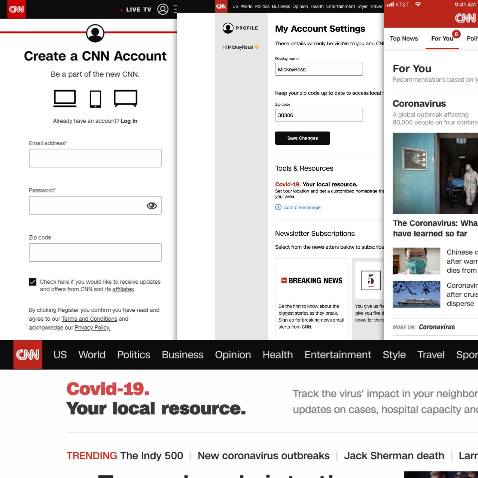 CNN registration, account settings and personalized For You screens
